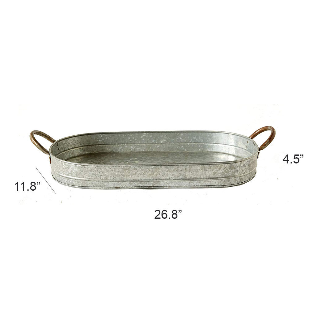 Galvanized Oblong Metal Tray with Ear Handles, Gray