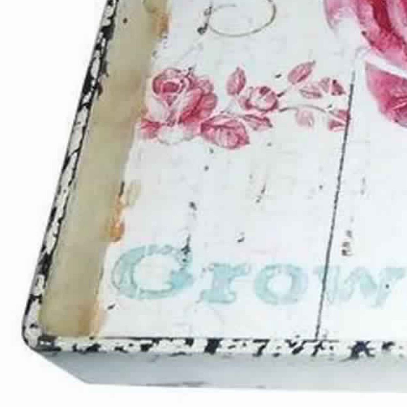 Distressed Metal Serving Tray with Floral Artwork, Multicolor