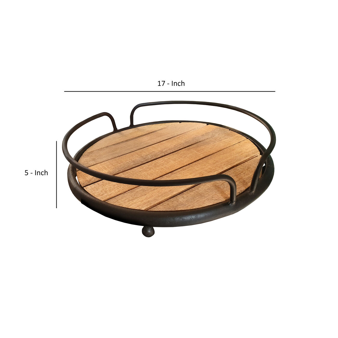 Round Tubular Metal Frame Tray with Plank Style Wooden Base, Brown and Black