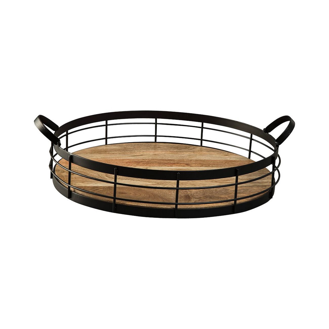 Raised Grid Design Wood and Metal Frame Round Tray, Black and Brown