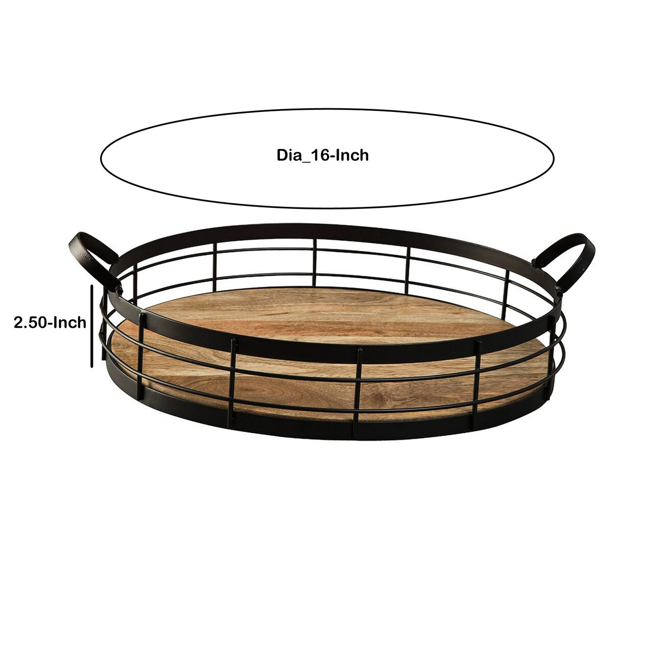 Raised Grid Design Wood and Metal Frame Round Tray, Black and Brown