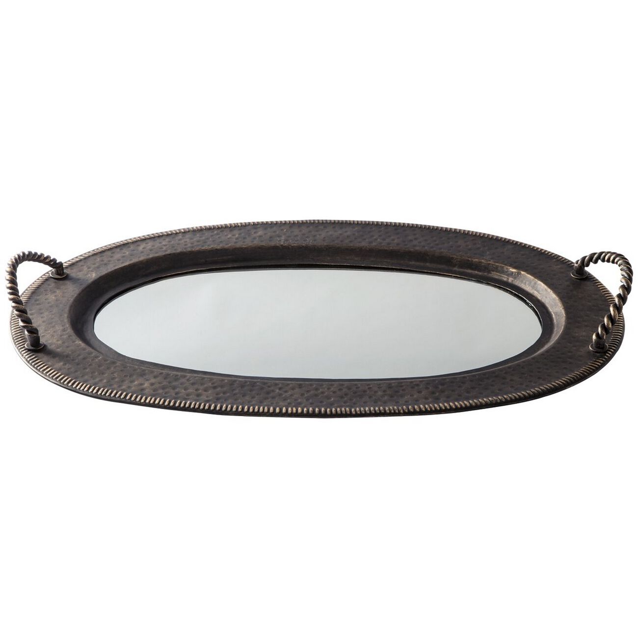 Oval Shape Tray with Mirror Trim and Braided Handle, Gray and Gold