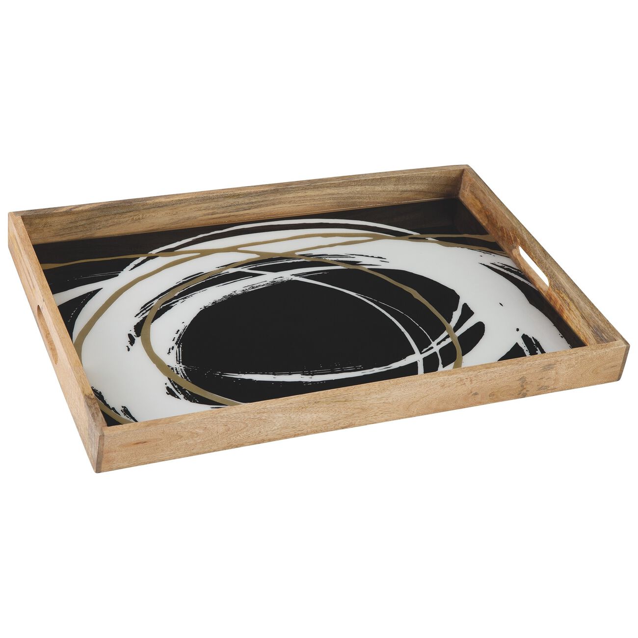 Rectangular Tray with  Wooden Frame and Enamel Top, Black and White
