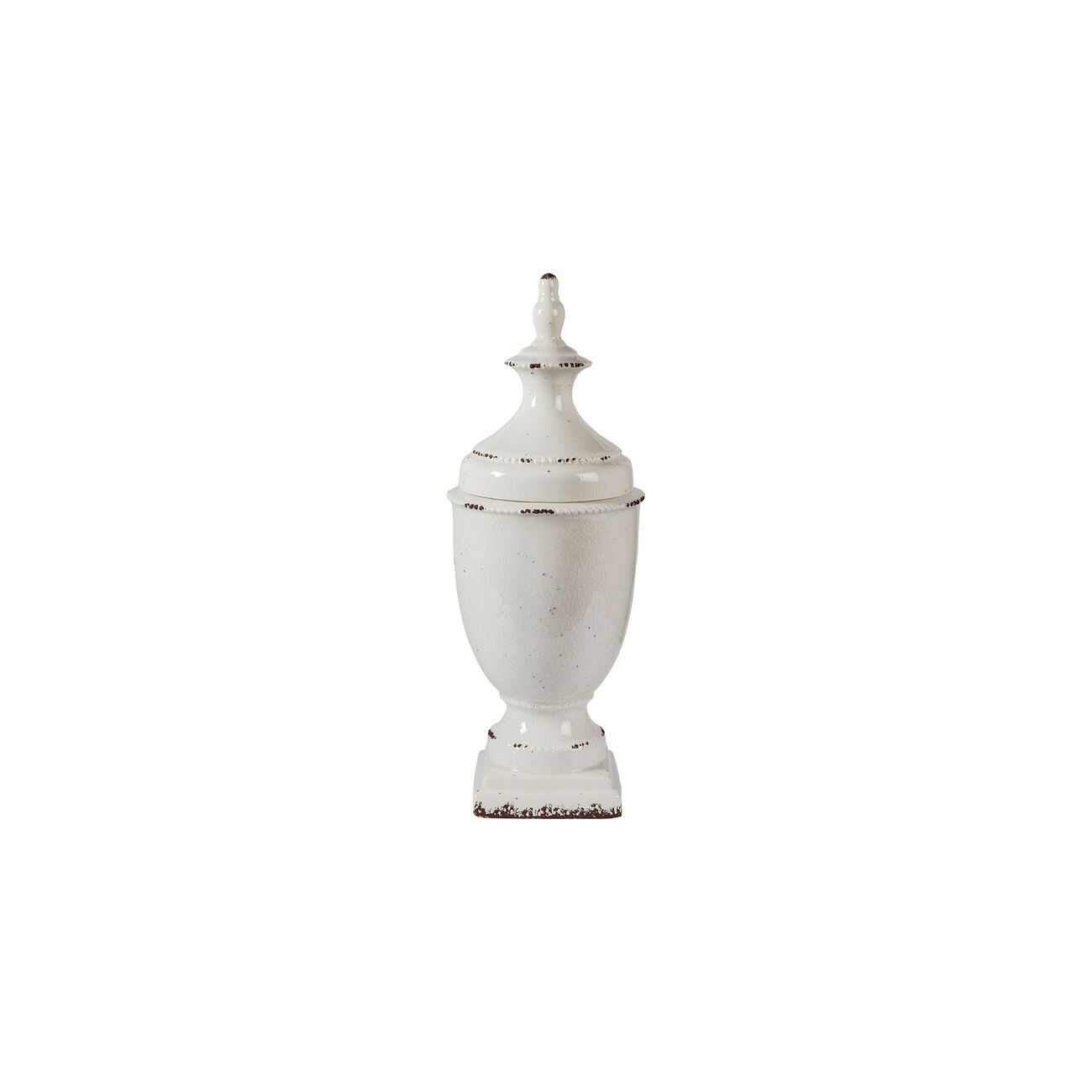 Vase Shape Lidded Jar with Finial Top and Pedestal Base, Antique White