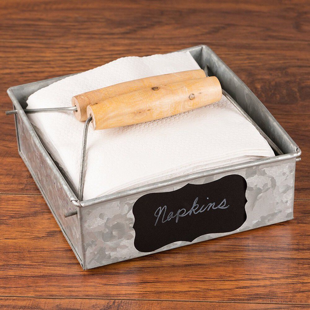 Galvanized Metal Napkin Holder with Wooden Handle, Gray