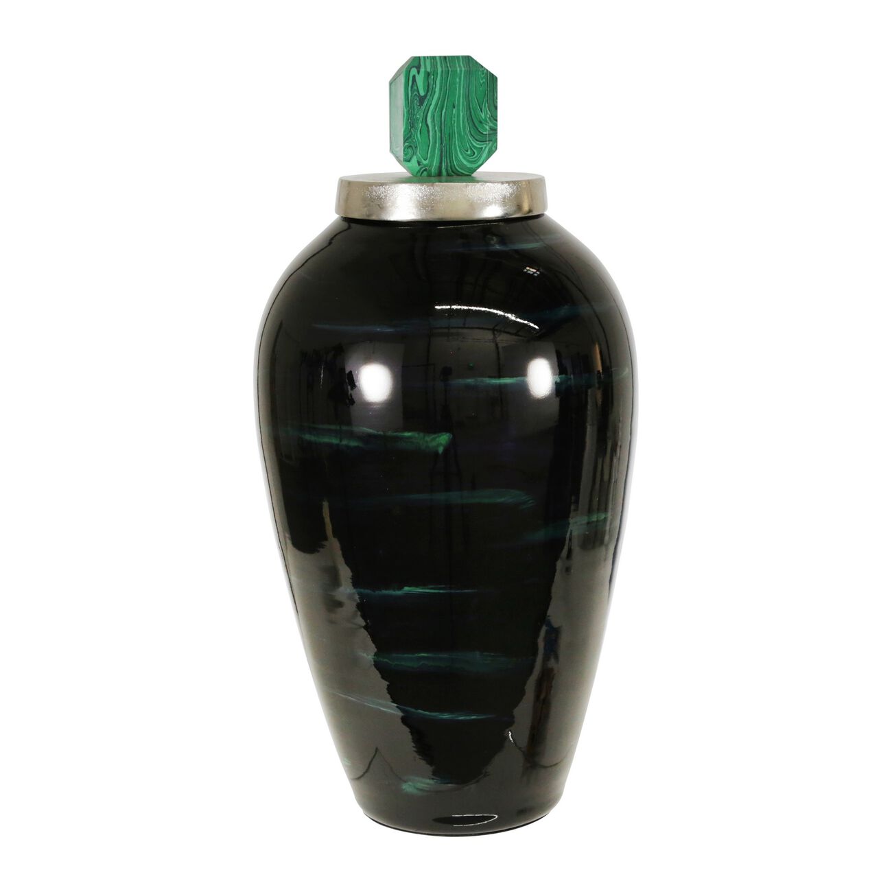 Contemporary Metal Elongated Urn Shaped Jar with Lid, Black and Green