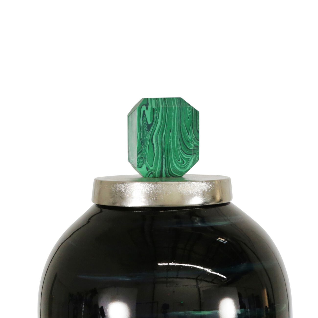 Contemporary Metal Elongated Urn Shaped Jar with Lid, Black and Green