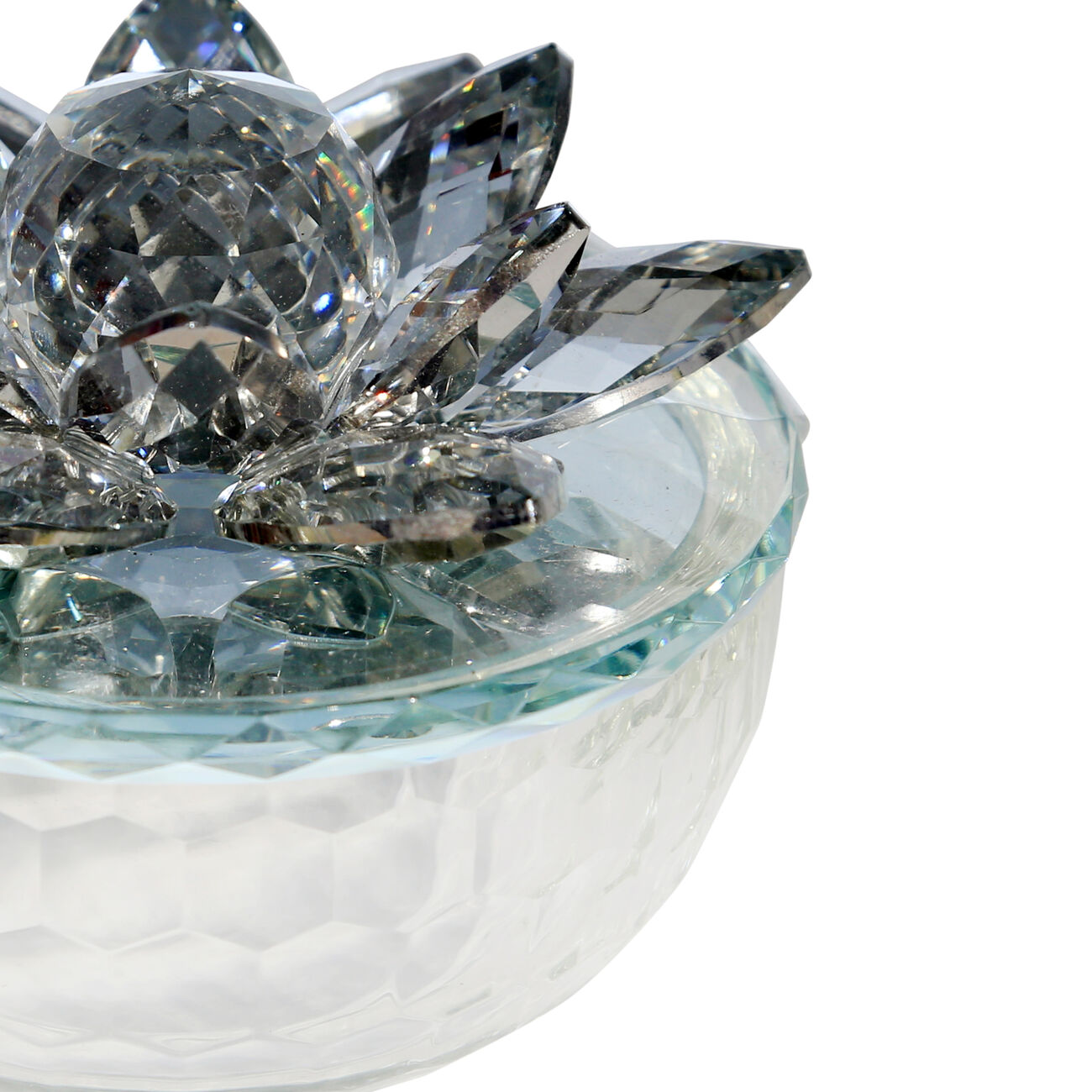 Glass Trinket Jar Accented with Crystal Lotus Flower, White and Black