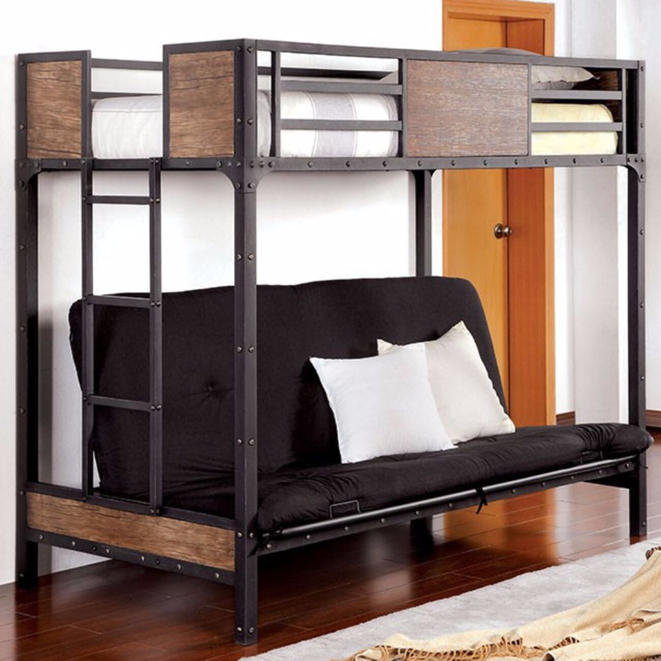 Wooden & Metal Twin Futon Base Bunk Bed, Black