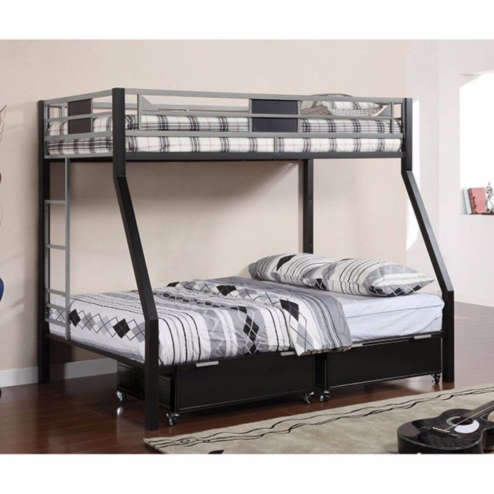 Metal Twin/Full Size Bunk Bed, Silver and Black