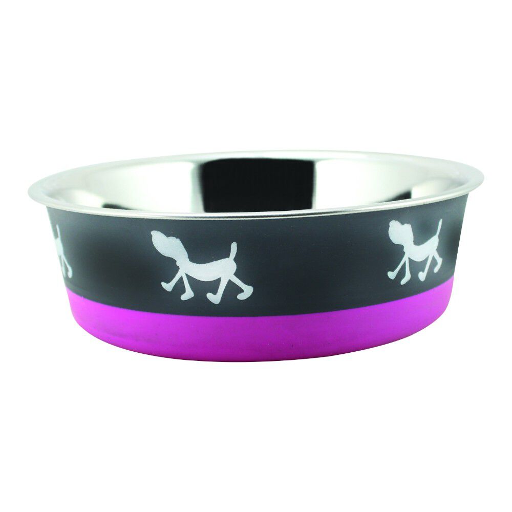 Stainless Steel Pet Bowl with Anti Skid Rubber Base and Dog Design, Gray and Pink-Set of 24