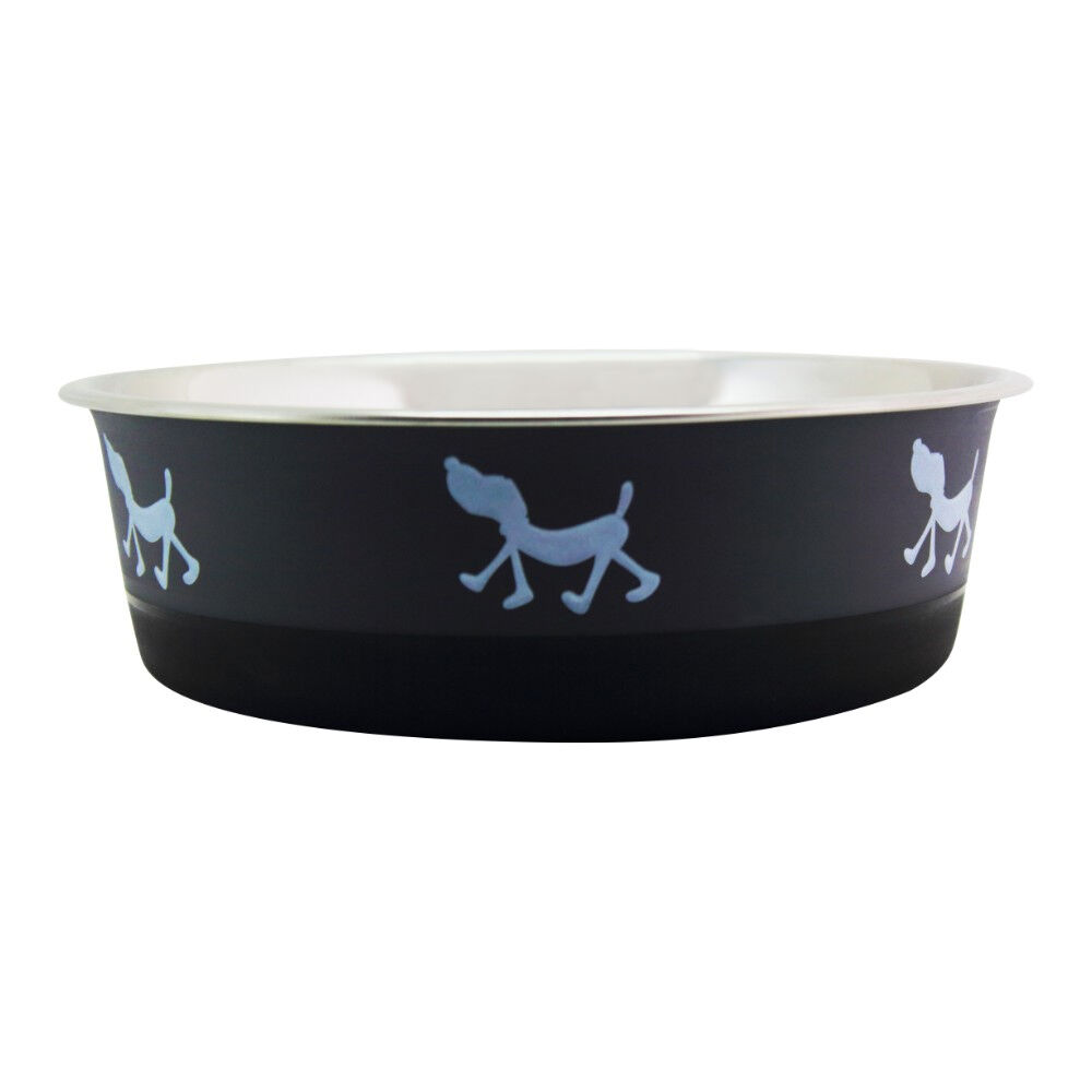 Stainless Steel Pet Bowl with Anti Skid Rubber Base and Dog Design, Gray and Black-Set of 2