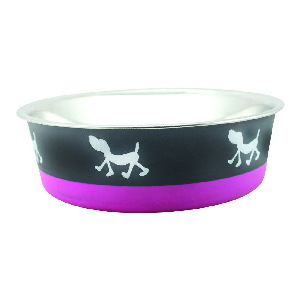 Stainless Steel Pet Bowl with Anti Skid Rubber Base and Dog Design, Large, Gray and Pink-Set of 2