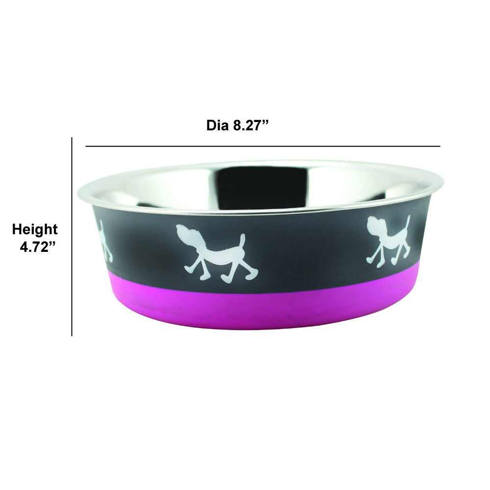 Stainless Steel Pet Bowl with Anti Skid Rubber Base and Dog Design, Large, Gray and Pink-Set of 2