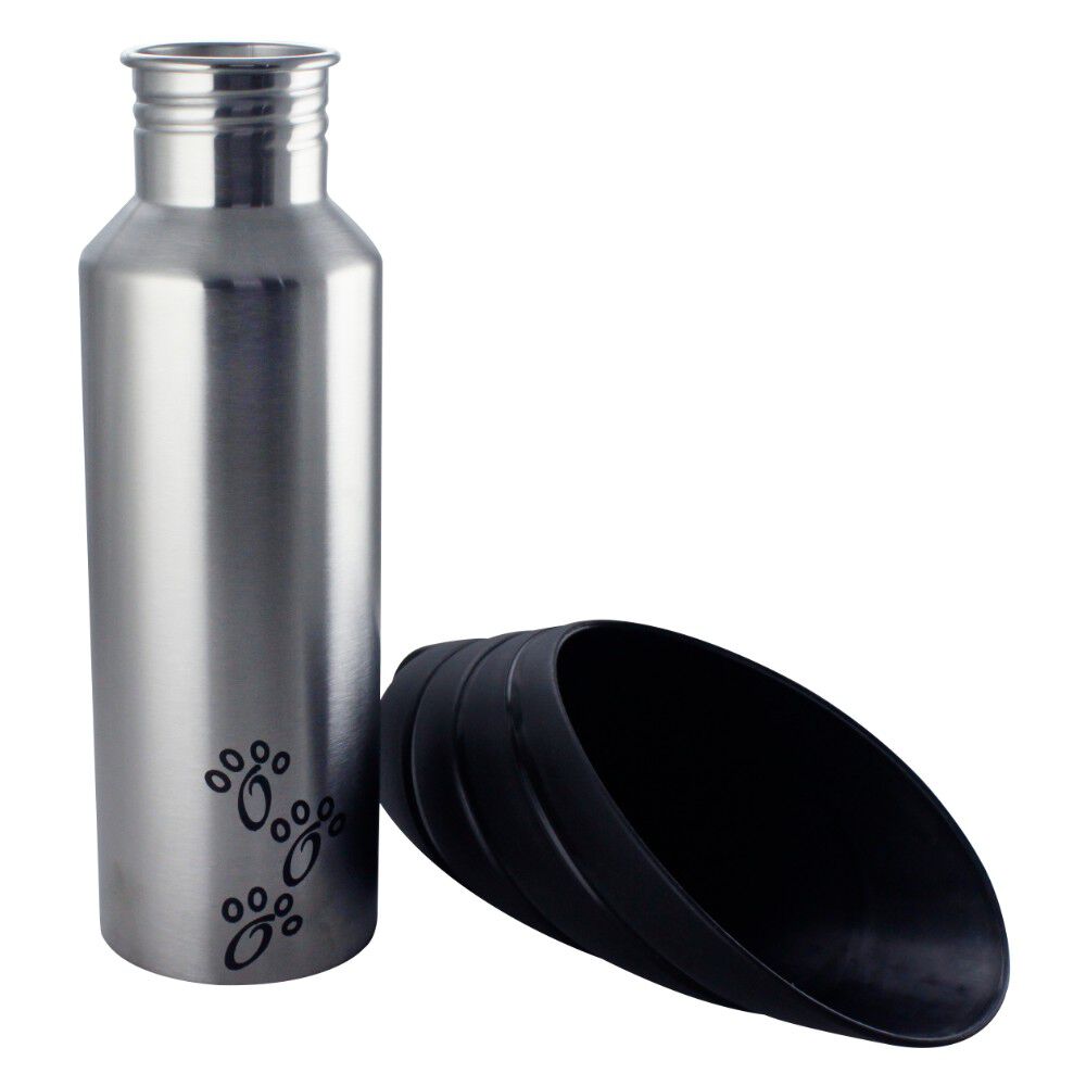 Plastic Fin Cap Pet Travel Water Bottle in Stainless Steel, Large, Silver and Black-Set of 2