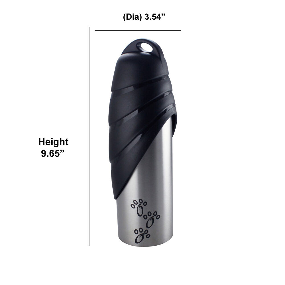 Plastic Fin Cap Pet Travel Water Bottle in Stainless Steel, Large, Silver and Black-Set of 4