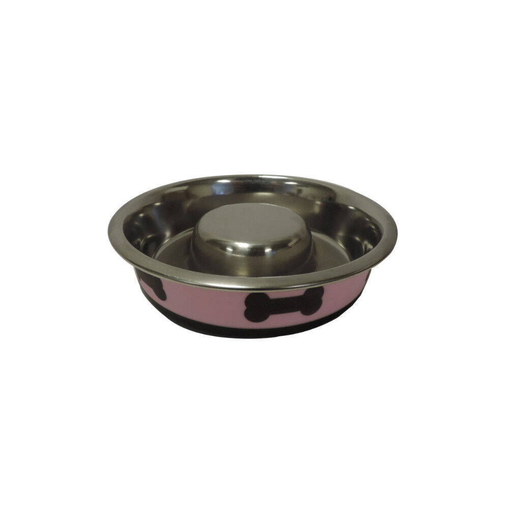 Slow Feeder Spill Proof Pet Bowl with Rubber Base and Bone Design, Pink and Black-Set of 2