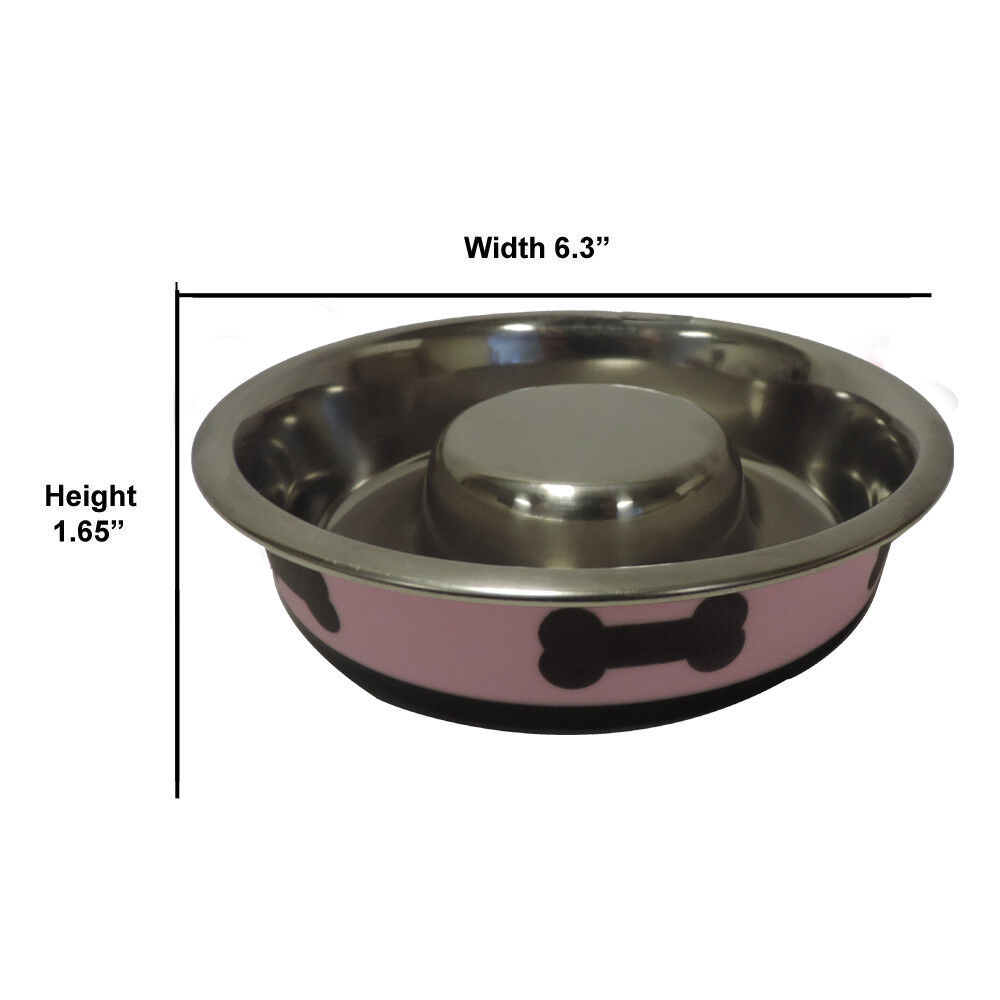 Slow Feeder Spill Proof Pet Bowl with Rubber Base and Bone Design, Pink and Black-Set of 2