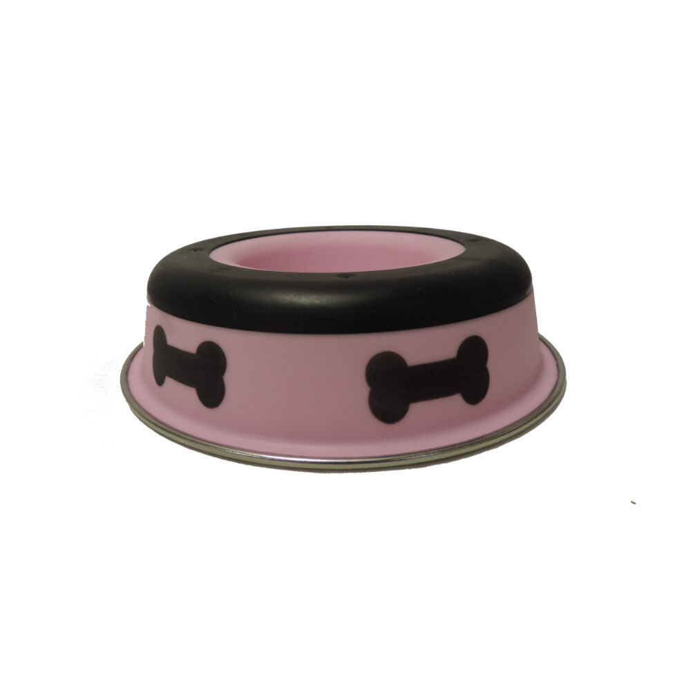 Slow Feeder Spill Proof Pet Bowl with Rubber Base and Bone Design, Pink and Black-Set of 6