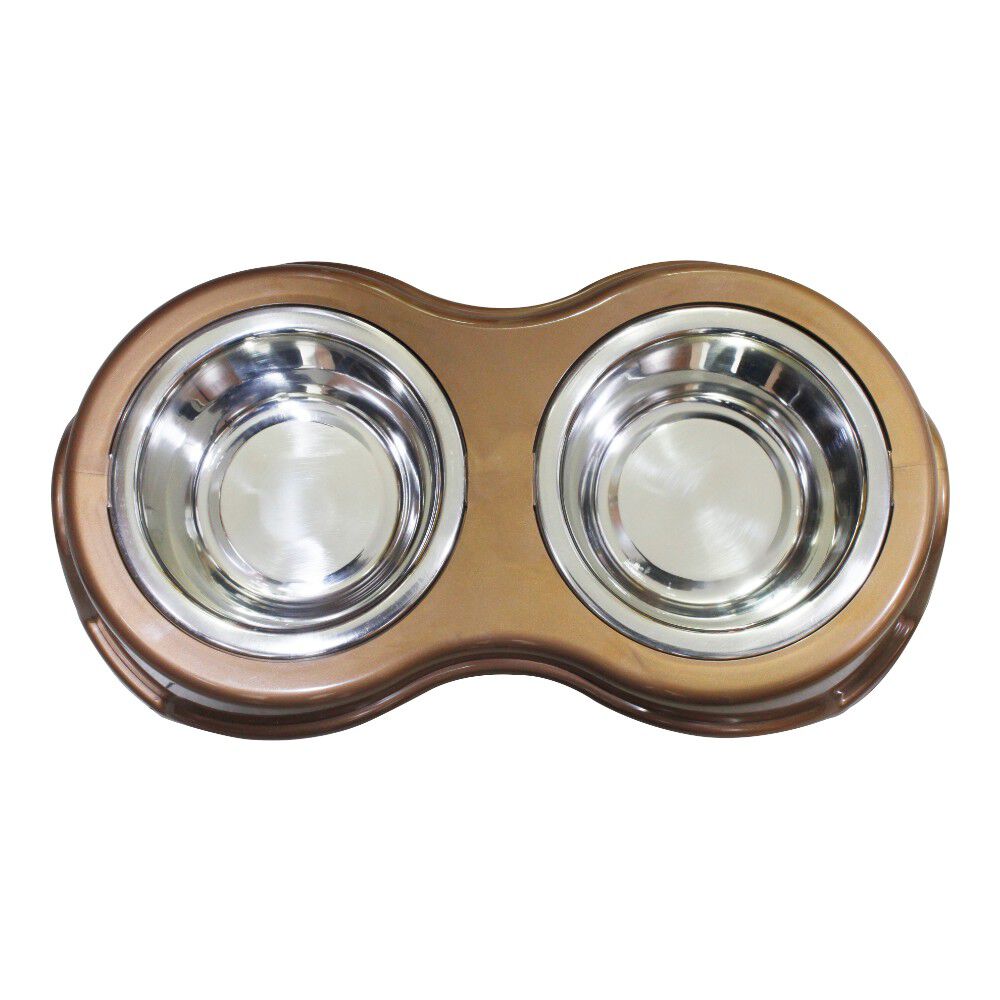 Plastic Framed Double Diner Pet Bowl in Stainless Steel, Small, Gold and Silver-Set of 2