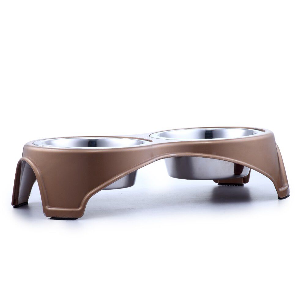 Plastic Framed Double Diner Pet Bowl in Stainless Steel, Large, Gold and Silver-Set of 2