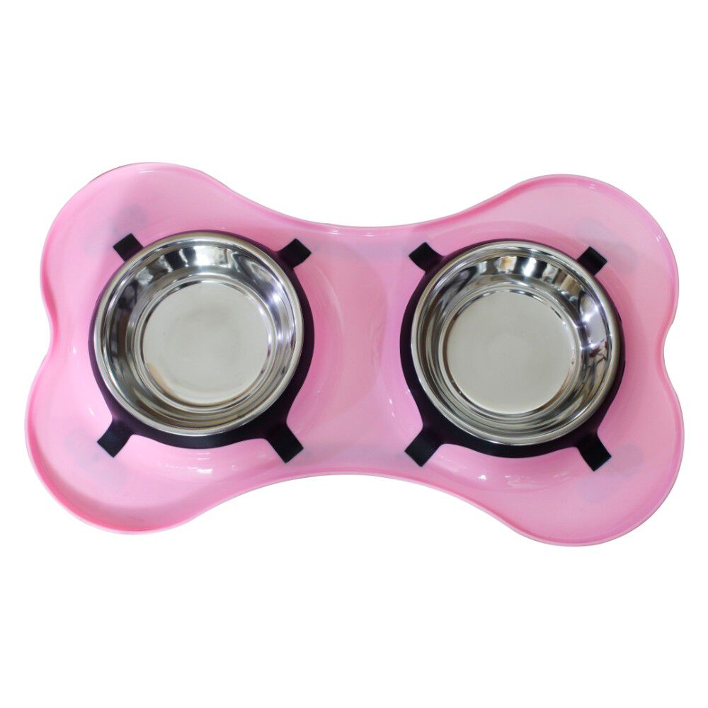 Bone Shaped Plastic Pet Double Diner with Stainless Steel Bowls, Pink and Silver-Set of 4